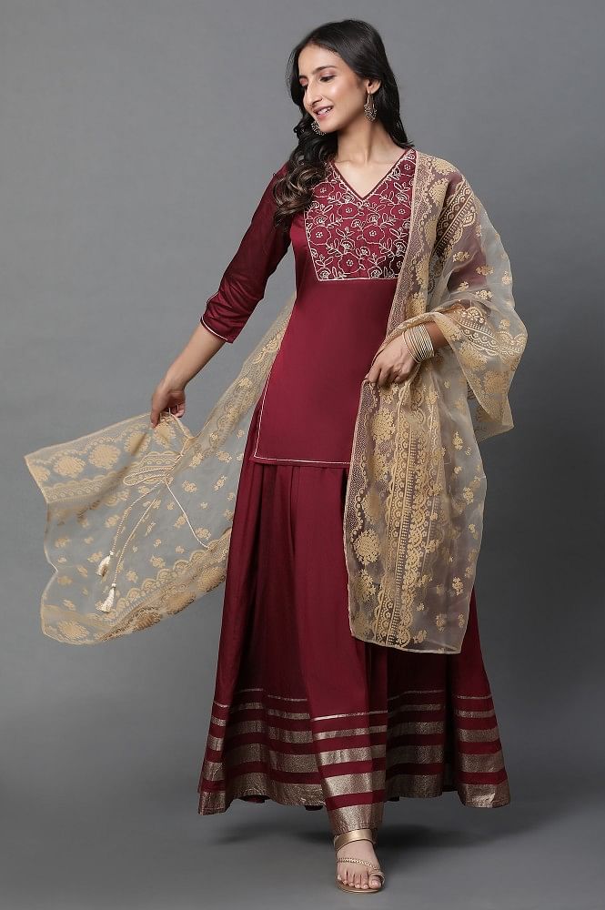 Burgundy Kashmiri Tilla Embroidered Salwar Pants Suit – Talking Threads